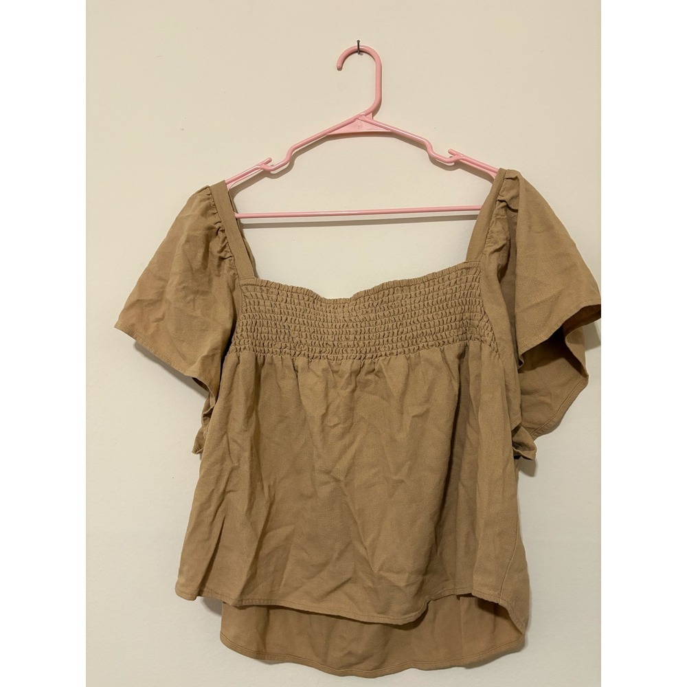 One5One Tan Smocked Bodice Flutter Sleeve Square Neck Blouse Top Small